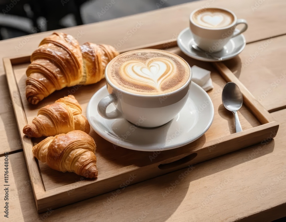 Delightful Breakfast: Croissants and Heart-Shaped Latte Art Delightful Breakfast: Croissants and Heart-Shaped Latte Art