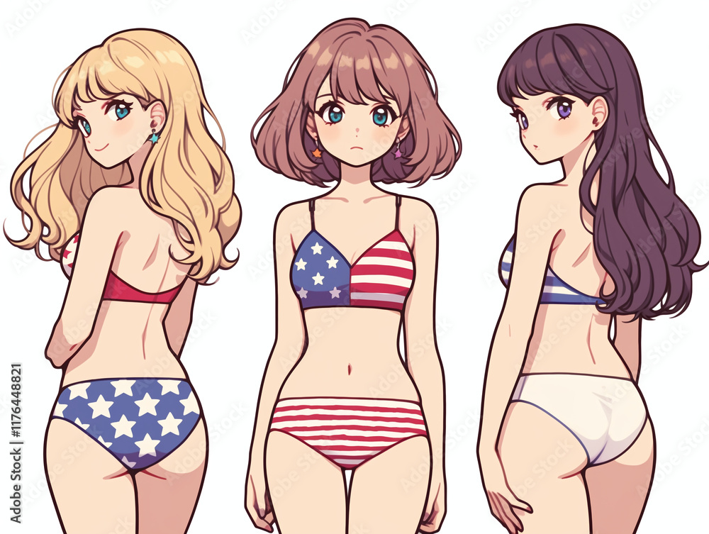 Three Beautiful Anime Girls in American Flag Swimsuits Three Beautiful Anime Girls in American Flag Swimsuits