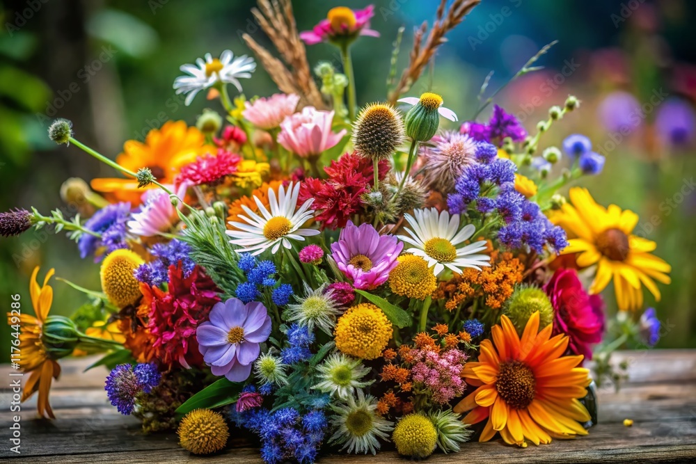 Obraz premium Vibrant Wildflower Posy Bouquet - Shallow Depth of Field Stock Photo