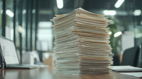 Towering Paperwork: A high stack of documents sits on a wooden table in a modern office, suggesting a heavy workload or significant project.  The blurred background hints at a busy workspace. photo