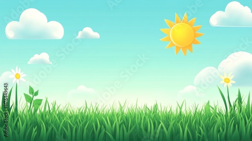 A bright, cheerful landscape featuring grass, flowers, clouds, and a sun.