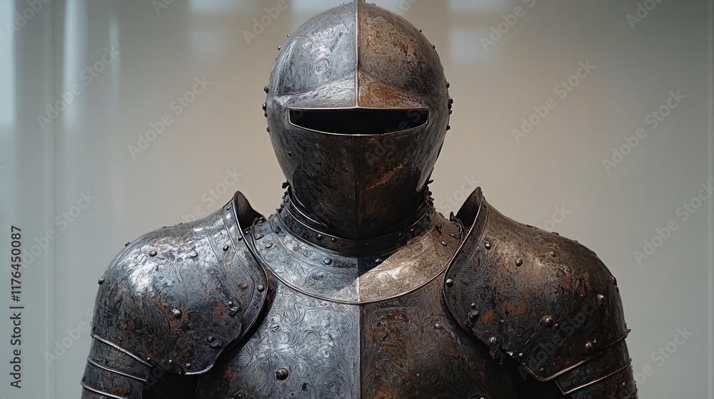 Ornate medieval suit of armor displayed. Ornate medieval suit of armor displayed.