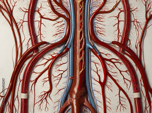 The Human Arteries: Blood Distribution Pathways: A detailed illustration of the arterial system, highlighting major arteries such as the aorta, carotid artery, and femoral artery. photo