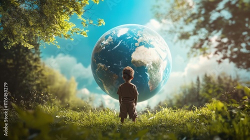 a little boy standing in a field with a large earth in the background