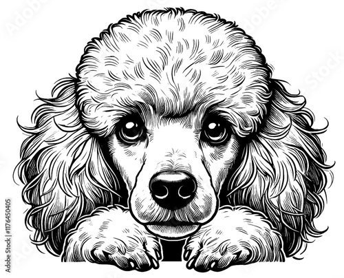 Hand drawn cute peeking Poodle portrait, vector sketch isolated on white background, SVG vector	
