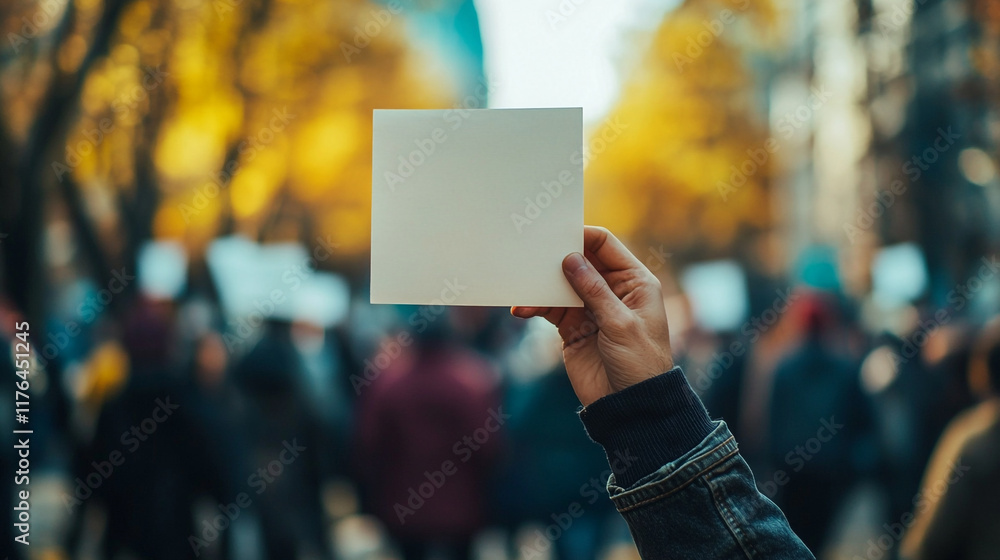 Protester holds blank sign during demonstration in urban setting amidst vibrant autumn foliage Protester holds blank sign during demonstration in urban setting amidst vibrant autumn foliage
