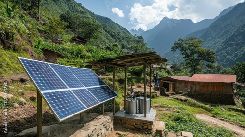 Rural village powered by solar panels.  A sustainable energy solution in a mountain valley. photo