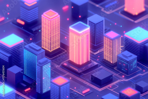 Colorful night skyline with neon buildings and digital overlay.