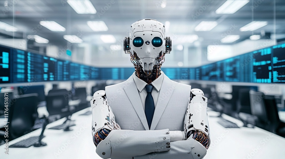 Fototapeta premium AI-driven robot wearing a suit and tie, managing an investment portfolio, [professional AI], [robot handling high-level financial investments]