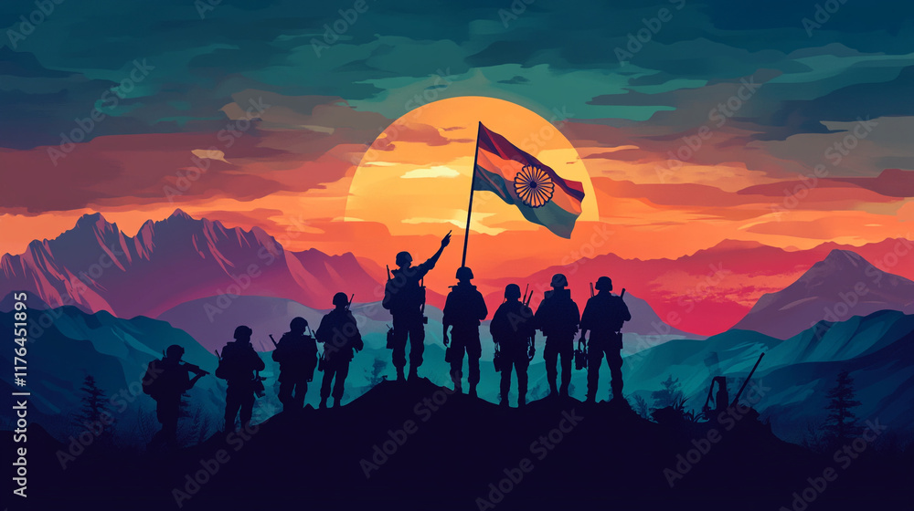 Naklejka premium Soldiers celebrate unity at sunset with Indian flag in the mountains