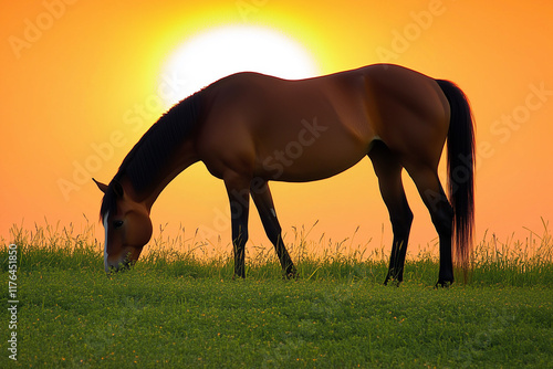 A brown horse with an orange mane and tail, A brown horse with its head down, grazing in the grassy field photo