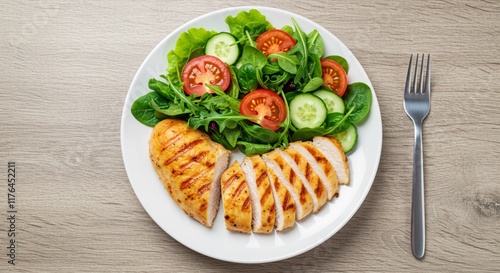 Wallpaper Mural A top-down view of a plate featuring a grilled chicken breast and a colorful salad of lettuce, tomatoes, and cucumbers, highlighting a healthy and nutritious meal Torontodigital.ca