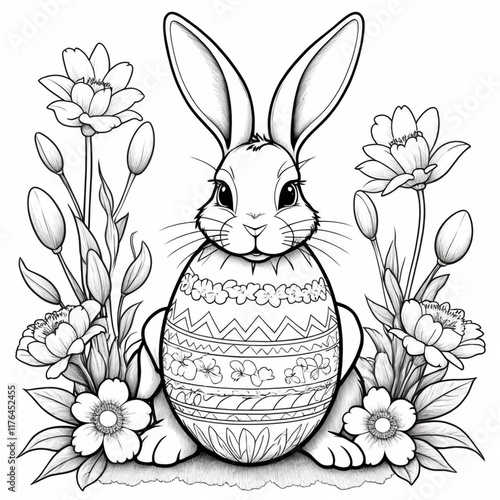 bunny painting easter egg and some flowers, coloring page ready to print on standard 8.5x11 inch paper