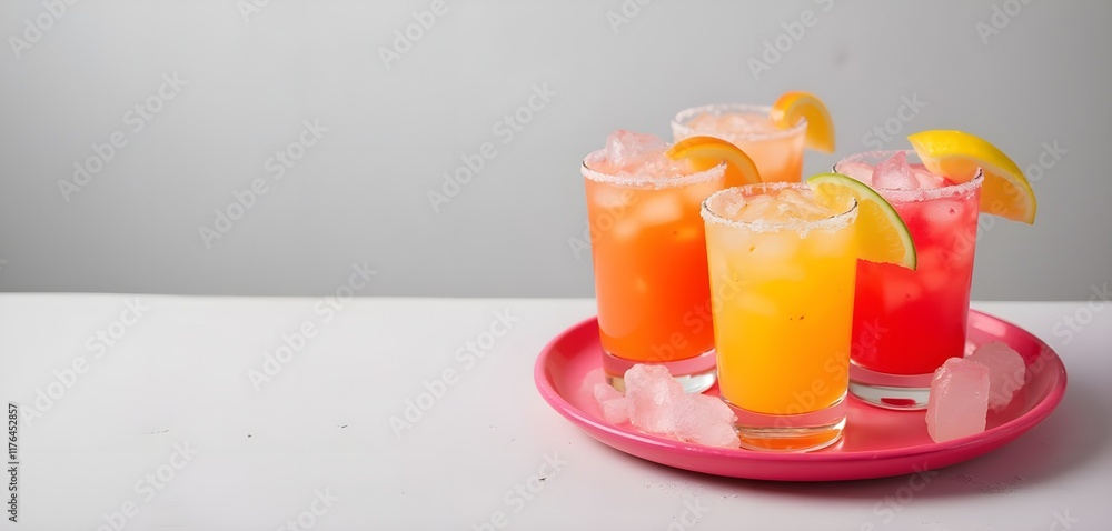 Assorted Virgin Raspberry Mango Margaritas on Bright Pink Plate Assorted Virgin Raspberry Mango Margaritas on Bright Pink Plate