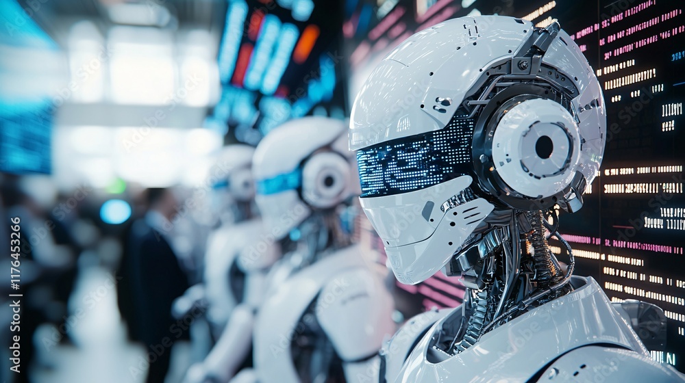 Fototapeta premium Group of robots wearing business suits at a stock exchange, [corporate AI], [future of AI in finance]