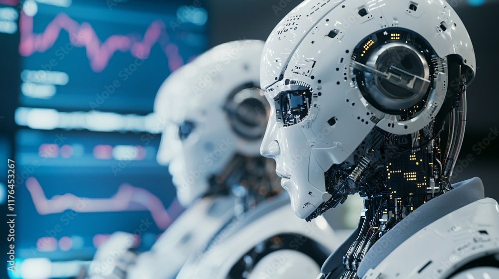 Fototapeta premium Group of robots wearing business suits at a stock exchange, [corporate AI], [future of AI in finance]