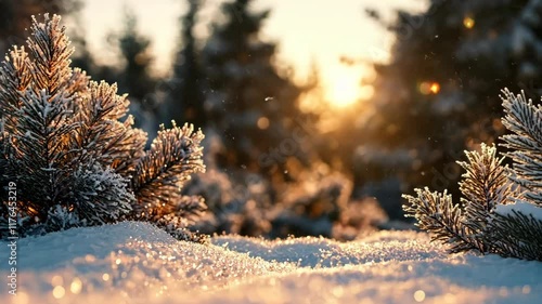 Snow Covered Pine Branches Winter Sunset Frosty Nature