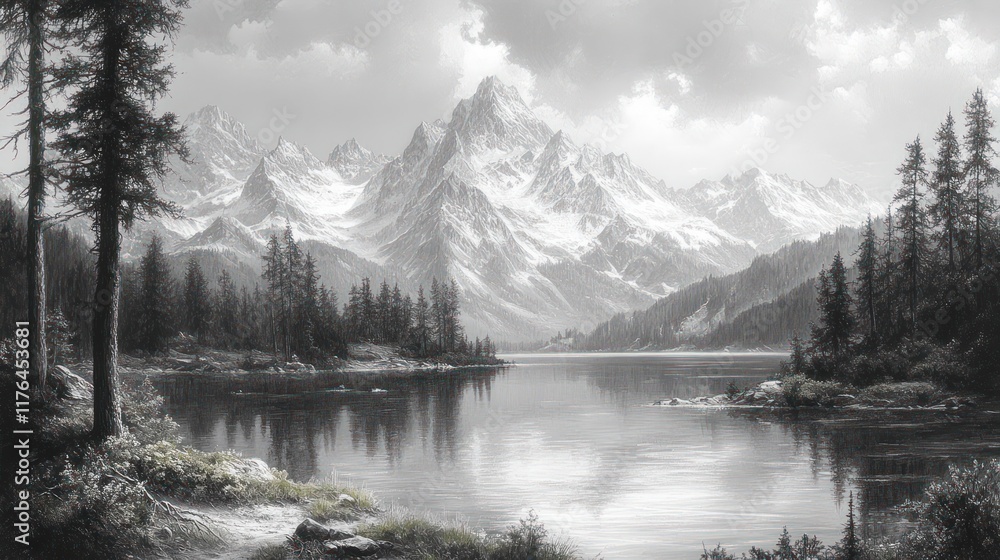 Serene lake, snow-capped mountains, tranquil forest. Serene lake, snow-capped mountains, tranquil forest.