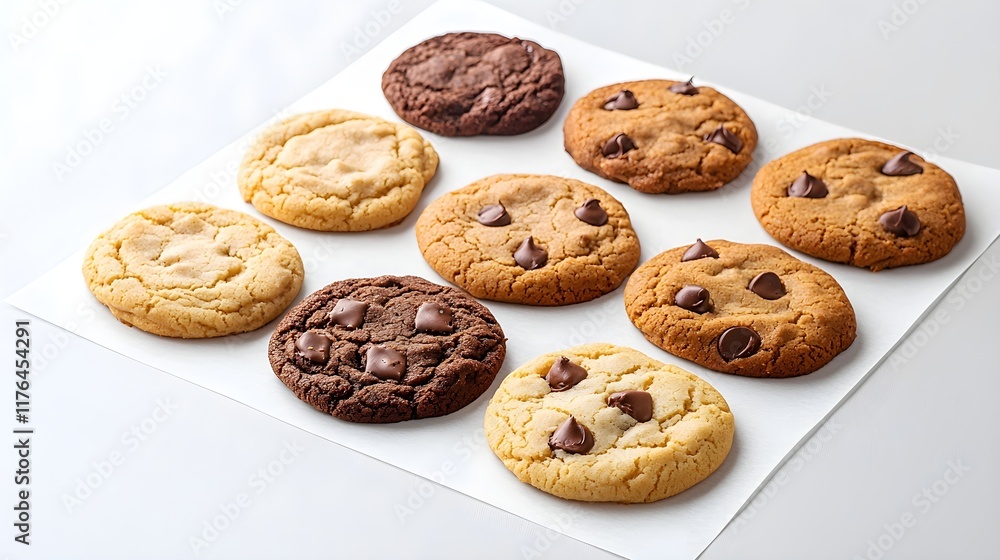 Close-up of various cookies, including chocolate chip and plain, arranged on a white parchment paper baking sheet. Close-up of various cookies, including chocolate chip and plain, arranged on a white parchment paper baking sheet.