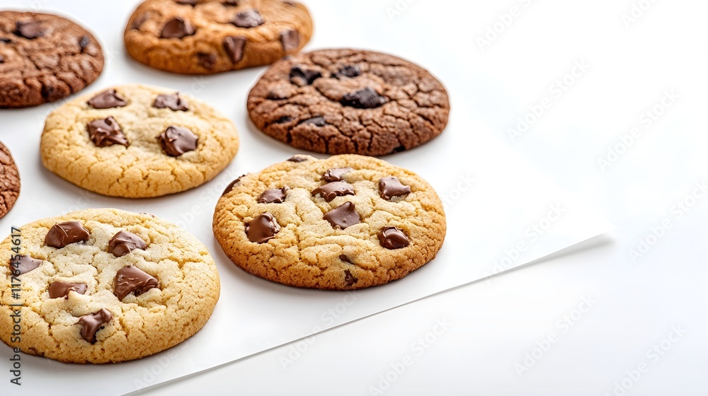 Close-up view of several chocolate chip cookies, showcasing different shades of brown and golden-brown, arranged on a white surface. Close-up view of several chocolate chip cookies, showcasing different shades of brown and golden-brown, arranged on a white surface.