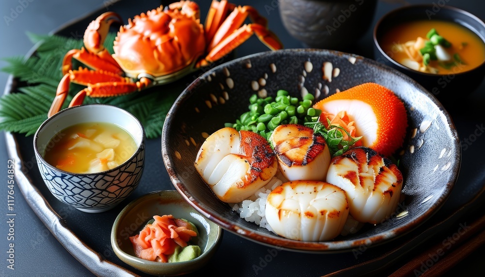 Grilled Seafood Platter with Scallops, Crab, and Sides from Hokkaido Cuisine Grilled Seafood Platter with Scallops, Crab, and Sides from Hokkaido Cuisine