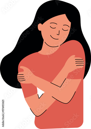 Flat Colored Illustration of Woman Hugging Herself with Content Expression