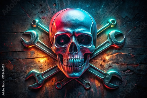 Vintage Biker Skull with Crossed Wrenches Emblem - Night Photography Stock Photo photo