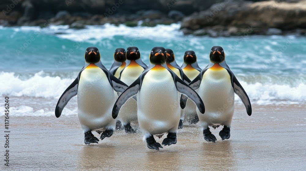 Fototapeta premium A group of penguins walking along the beach near the water.