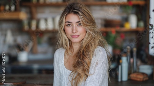 Wallpaper Mural balanced diet: portrait of a woman with blonde hair in the background of a kitchen, kitchen utensils are visible in the background. Torontodigital.ca