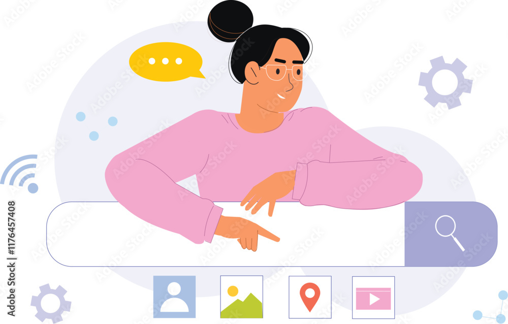 A flat style search bar illustration for digital platforms, featuring a clean and simple design of a search bar with a magnifying glass icon, placed on a modern interface with soft colors A flat style search bar illustration for digital platforms, featuring a clean and simple design of a search bar with a magnifying glass icon, placed on a modern interface with soft colors