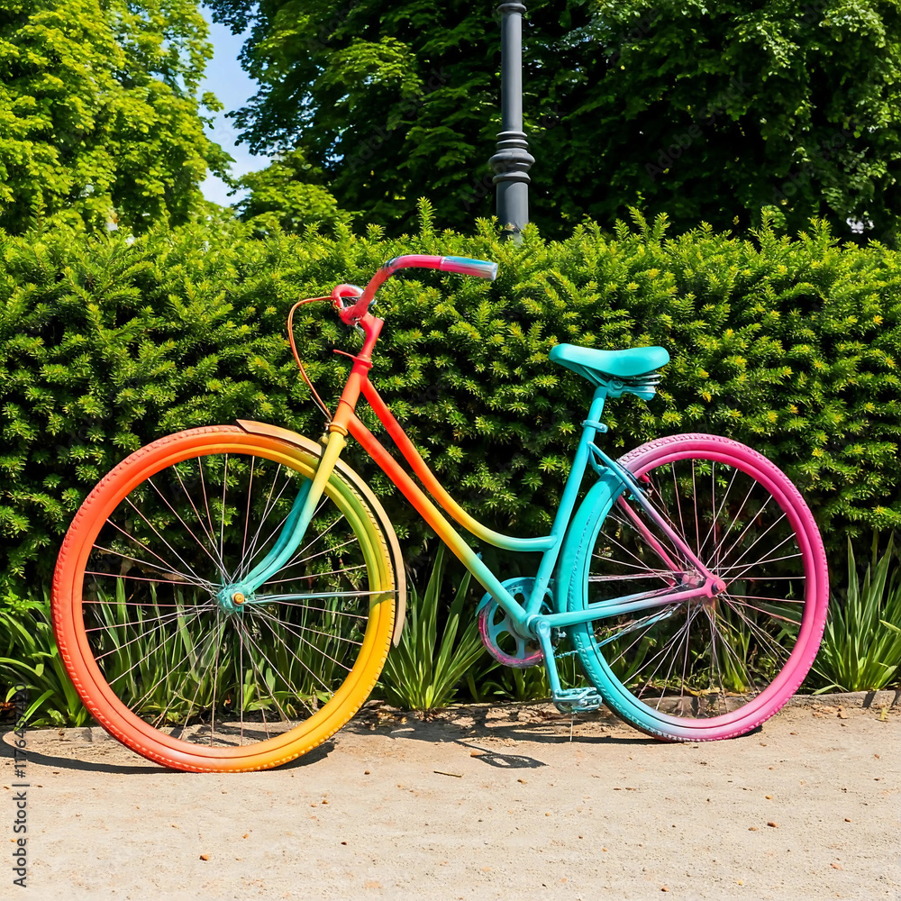 Fototapeta premium A rainbow-painted bicycle in a park