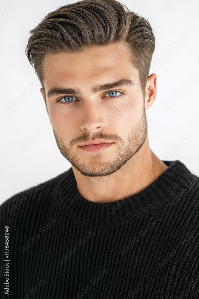 Obraz premium Close-up portrait of an elegant young European man with expressive blue eyes, confident gaze, short smooth haircut, light brown hair, dark sweater, high-quality RAW image with detailed background