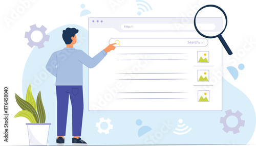 A modern search engine concept illustration for web and UI design, showcasing a sleek search bar with advanced filtering options, relevant search results, and icons representing different types of con
