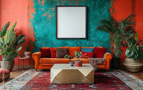 Orange sofa, plants, and blank frame in a colorful living room.