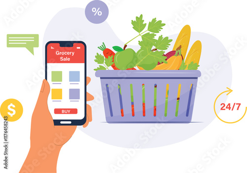 An online grocery shopping illustration, showing a user browsing fresh produce on a smartphone, with items like fruits, vegetables, and packaged goods displayed in a virtual cart