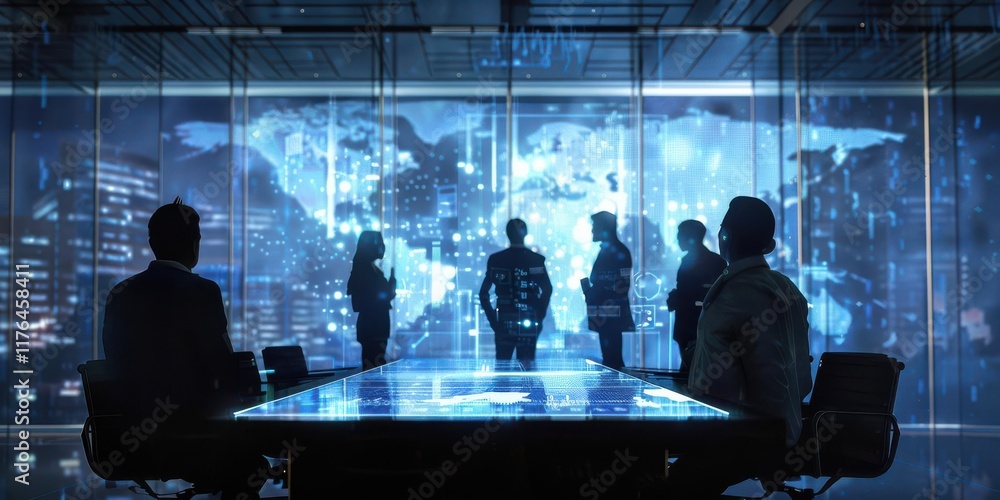 A business meeting in a modern conference room with a digital world map backdrop. A business meeting in a modern conference room with a digital world map backdrop.