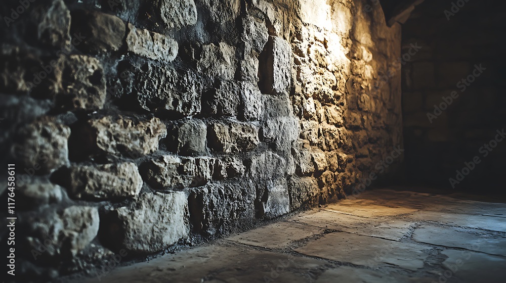 Dark stone wall with illuminated floor.