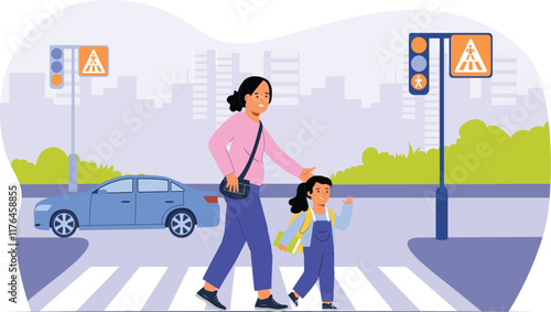 A mother and child crossing a zebra path vector design, showing a caring moment as the mother holds the child's hand, with clear zebra crossing lines on a road, surrounded by gentle colors