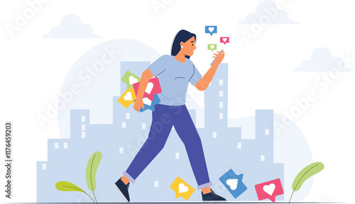 A walking through social media notifications illustration, depicting a person navigating through a virtual space filled with floating social media icons, notifications, and messages, symbolizing.