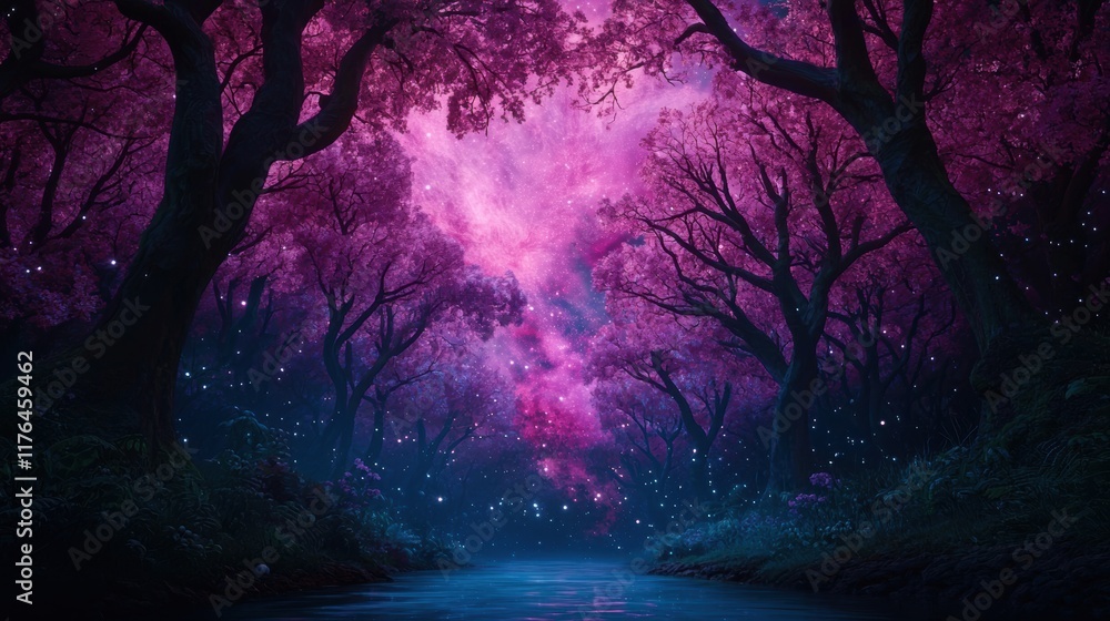 Enchanted Forest with Cosmic Sky and Ethereal Glow at Night Enchanted Forest with Cosmic Sky and Ethereal Glow at Night