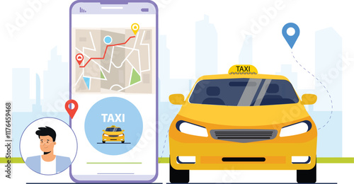 A cab service mobile app illustration, showing a user interacting with an app interface that displays a map, navigation routes, and car options, highlighting key features like real-time tracking, book