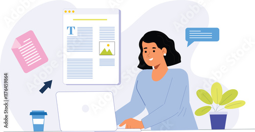 A creative content writing illustration for digital marketing projects, featuring a writer crafting engaging content on a laptop, with elements like SEO tools, social media icons