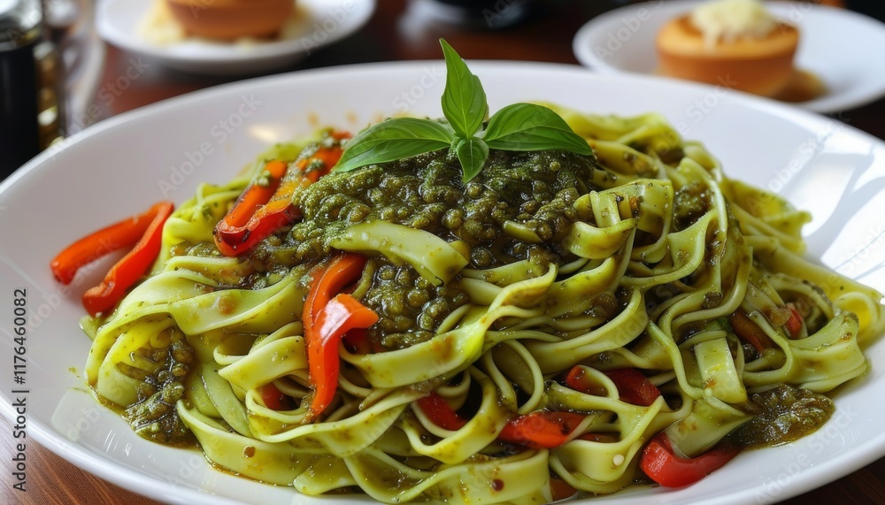 Delicious Linguine with Fresh Pesto and Colorful Vegetables on a Rustic Table Setting Delicious Linguine with Fresh Pesto and Colorful Vegetables on a Rustic Table Setting