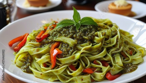 Wallpaper Mural Delicious Linguine with Fresh Pesto and Colorful Vegetables on a Rustic Table Setting Torontodigital.ca