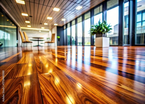 Rich, polished wood gleams in this modern office close-up; showcasing elegant hardwood flooring and refined interior design.