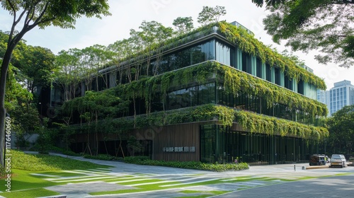 Eco-friendly office building adorned with trees, highlighting sustainability and CO2 reduction in urban architecture.  photo