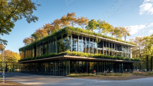 Eco-friendly office building adorned with trees, highlighting sustainability and CO2 reduction in urban architecture.  photo