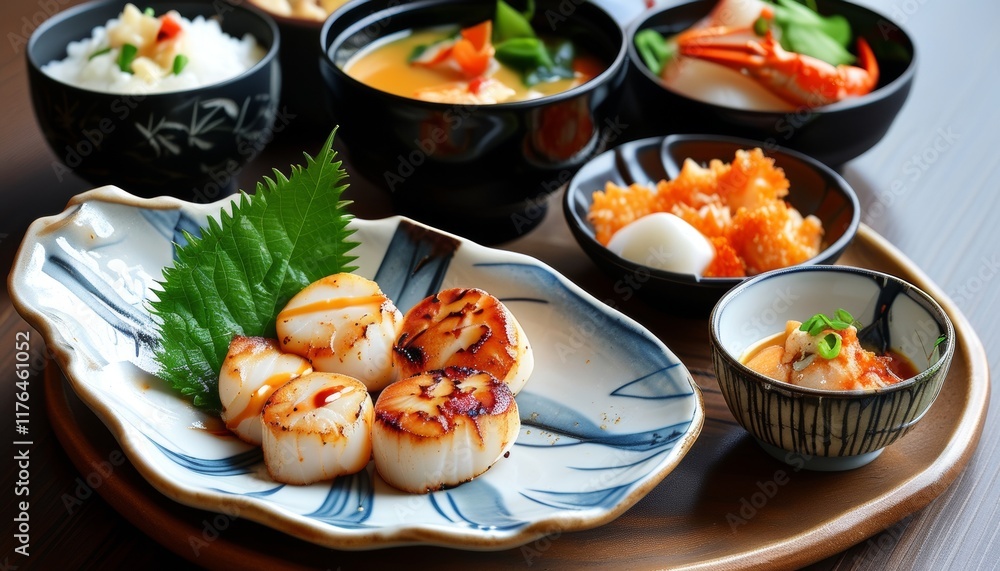 Grilled Seafood Platter with Scallops and Assorted Japanese Dishes from Hokkaido Grilled Seafood Platter with Scallops and Assorted Japanese Dishes from Hokkaido
