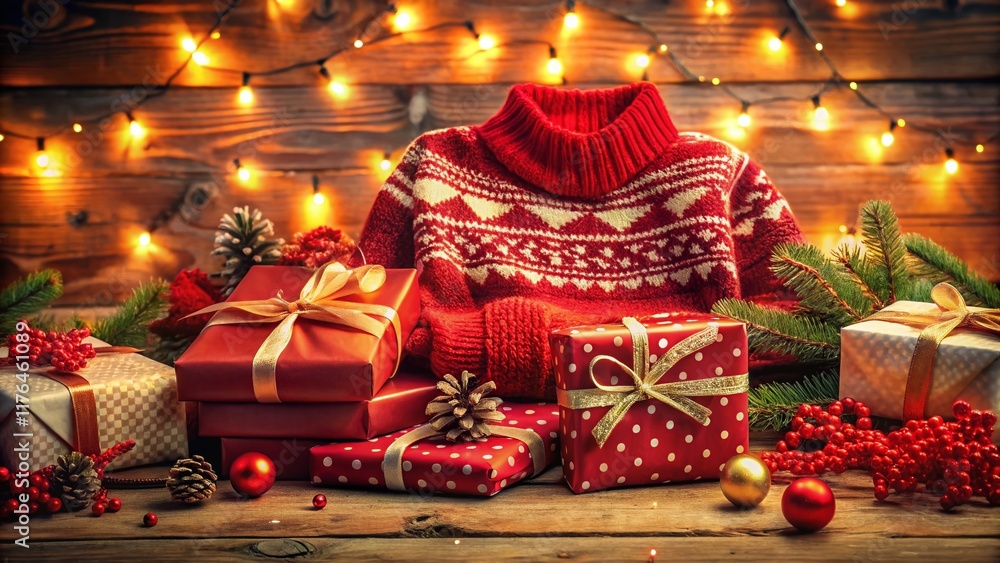 Naklejka premium Vintage Christmas Sweater, Festive Presents, Holiday Cheer