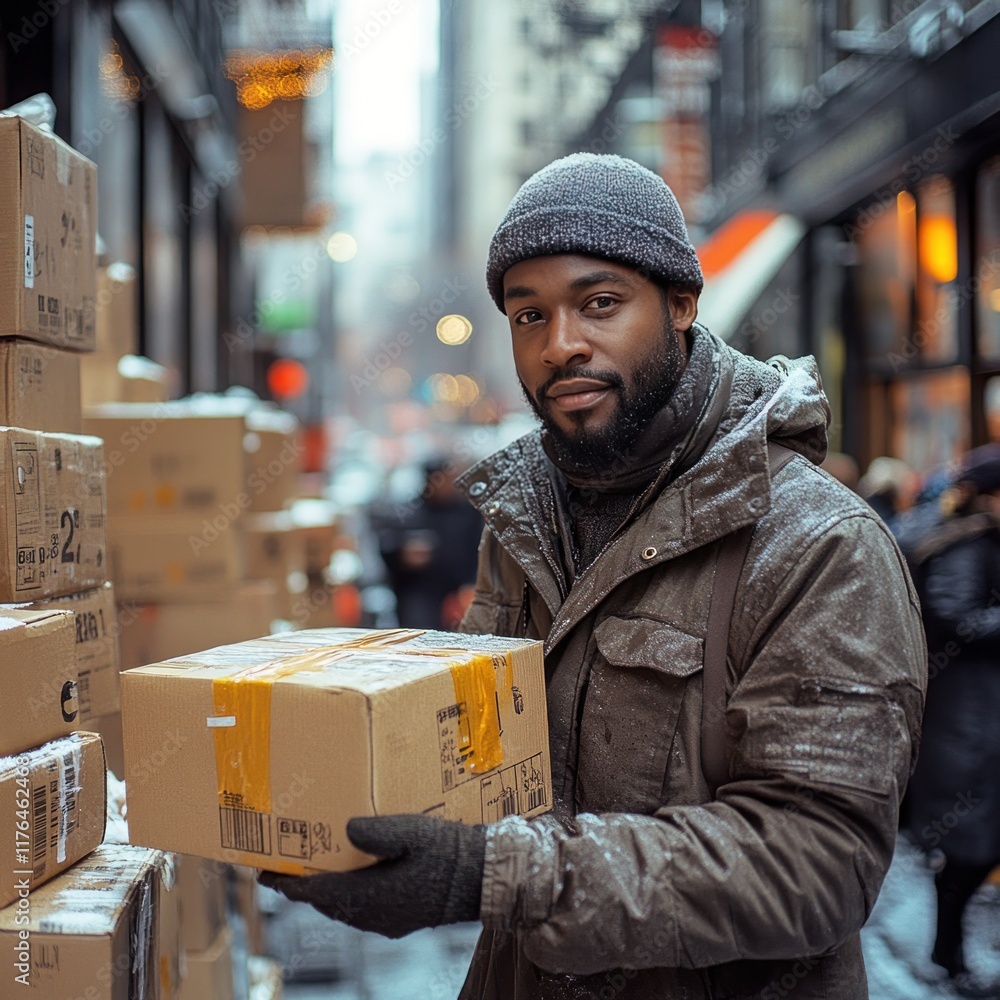 Man delivers packages in snowy city. Man delivers packages in snowy city.